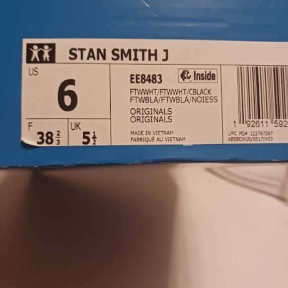 ADIDAS ORIGINALS J STAN SMITH EE8483 White/Silver Iridescent, Sz J6 (W8), used - Picture 15 of 15